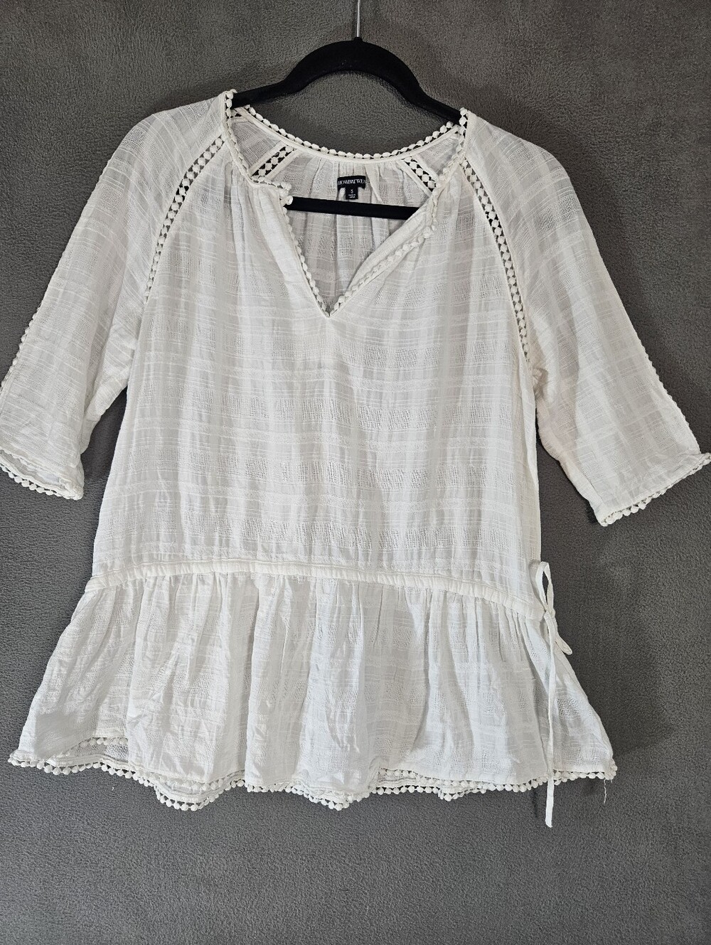Who What Wear Womens Small Shirt White Vneck Crochet Cottage 3/4 Sleeve Sheer